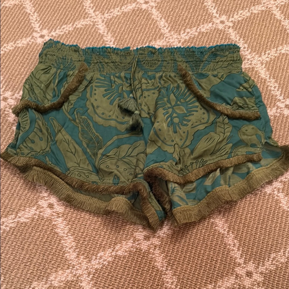 Poupette St. Barth Teal and Olive Floral Fringe Athletic Shorts